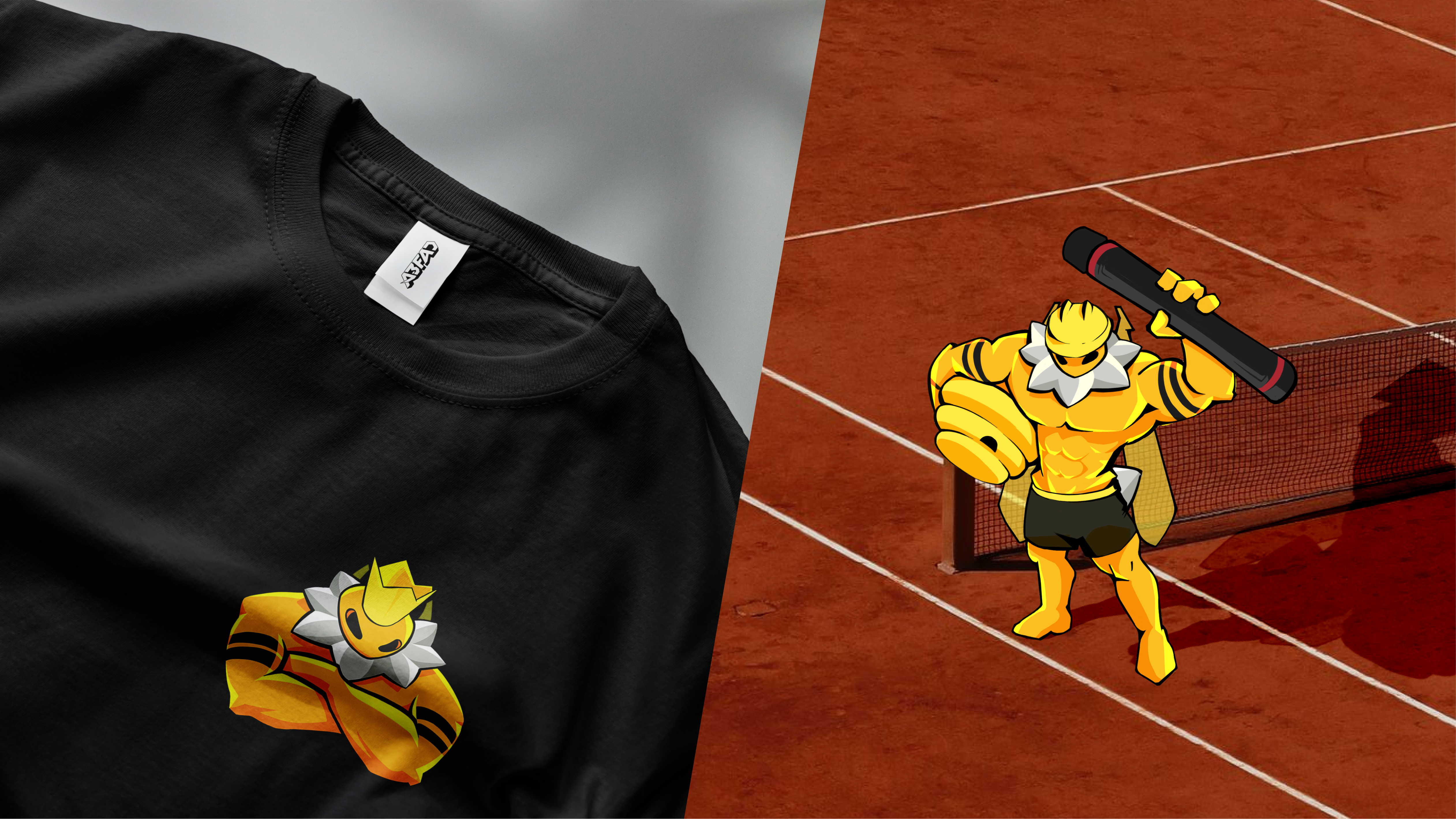 A3FAD t-shirt merchandise and mascot tennis pose