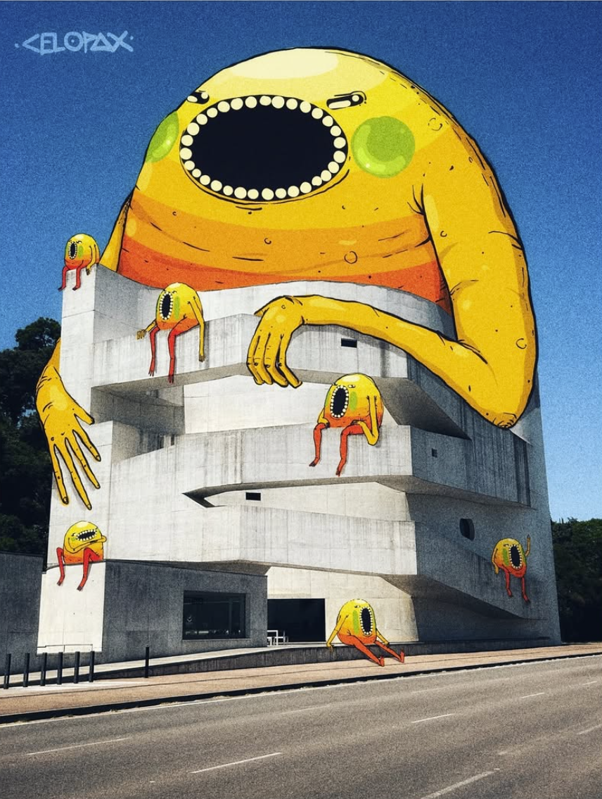 Celopax monster on curved building