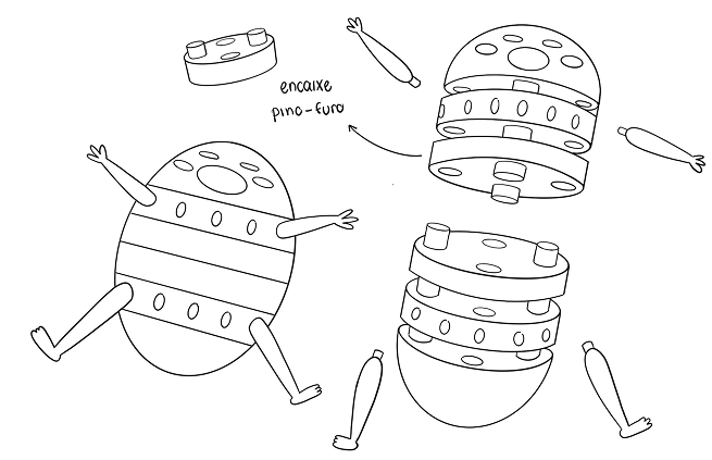 Egg-shaped monster with pin-hole connection system