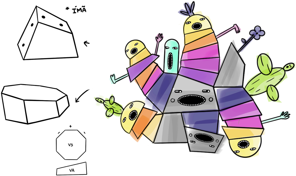 Final concept — magnetic rock-shaped pieces with colorful monster assembly