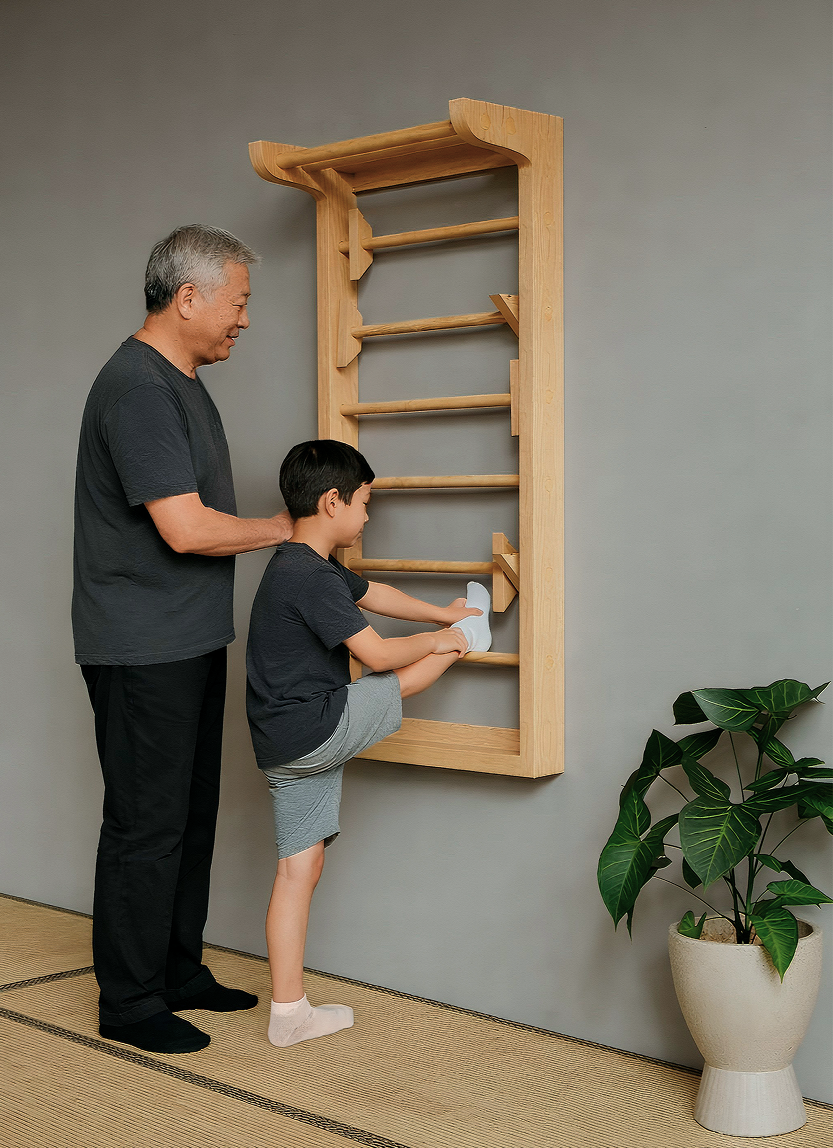 Grandfather and child using NOBA for stretching